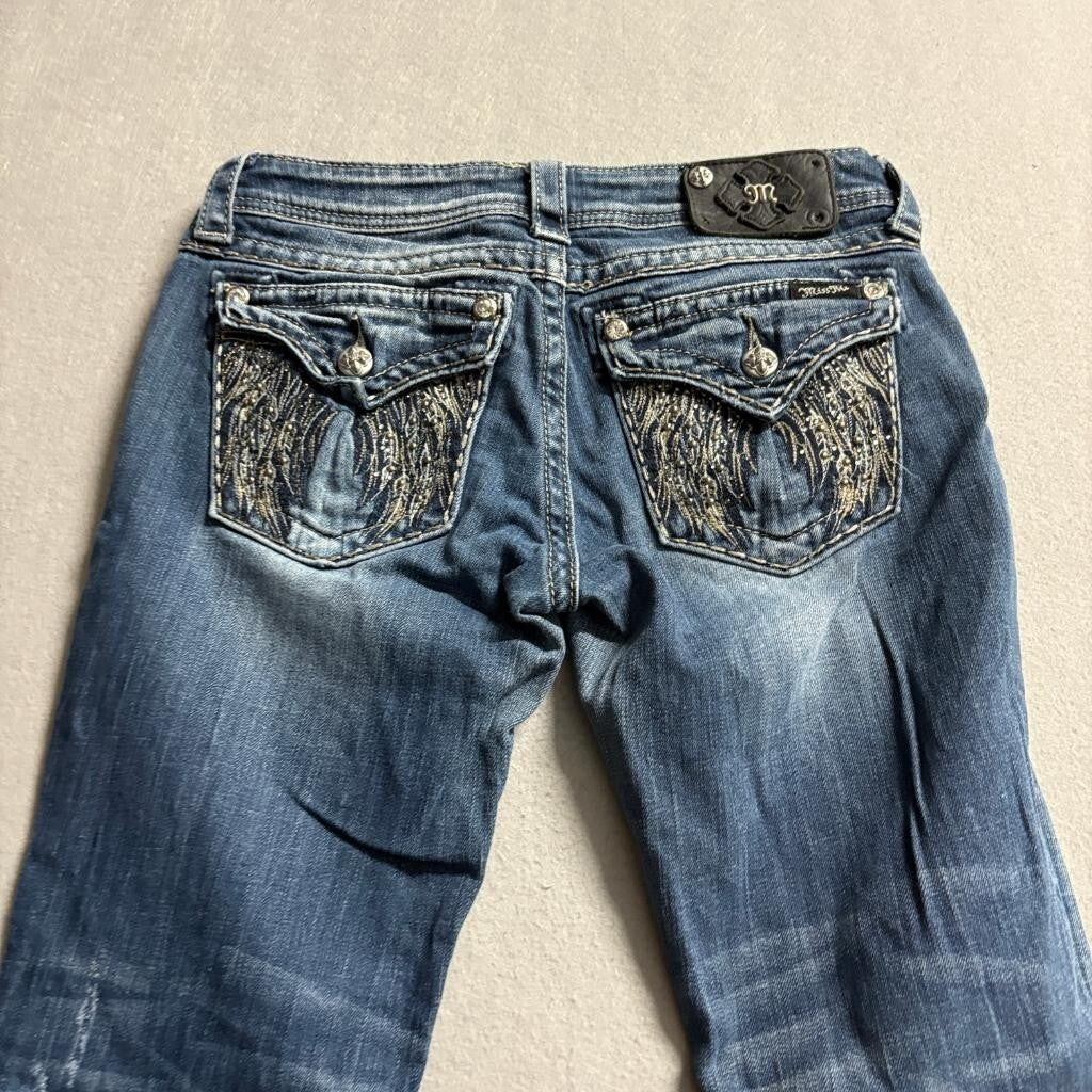 Miss Me Angel Wing Straight Jeans Womens 28 Blue Denim Embellished Flap Pocket