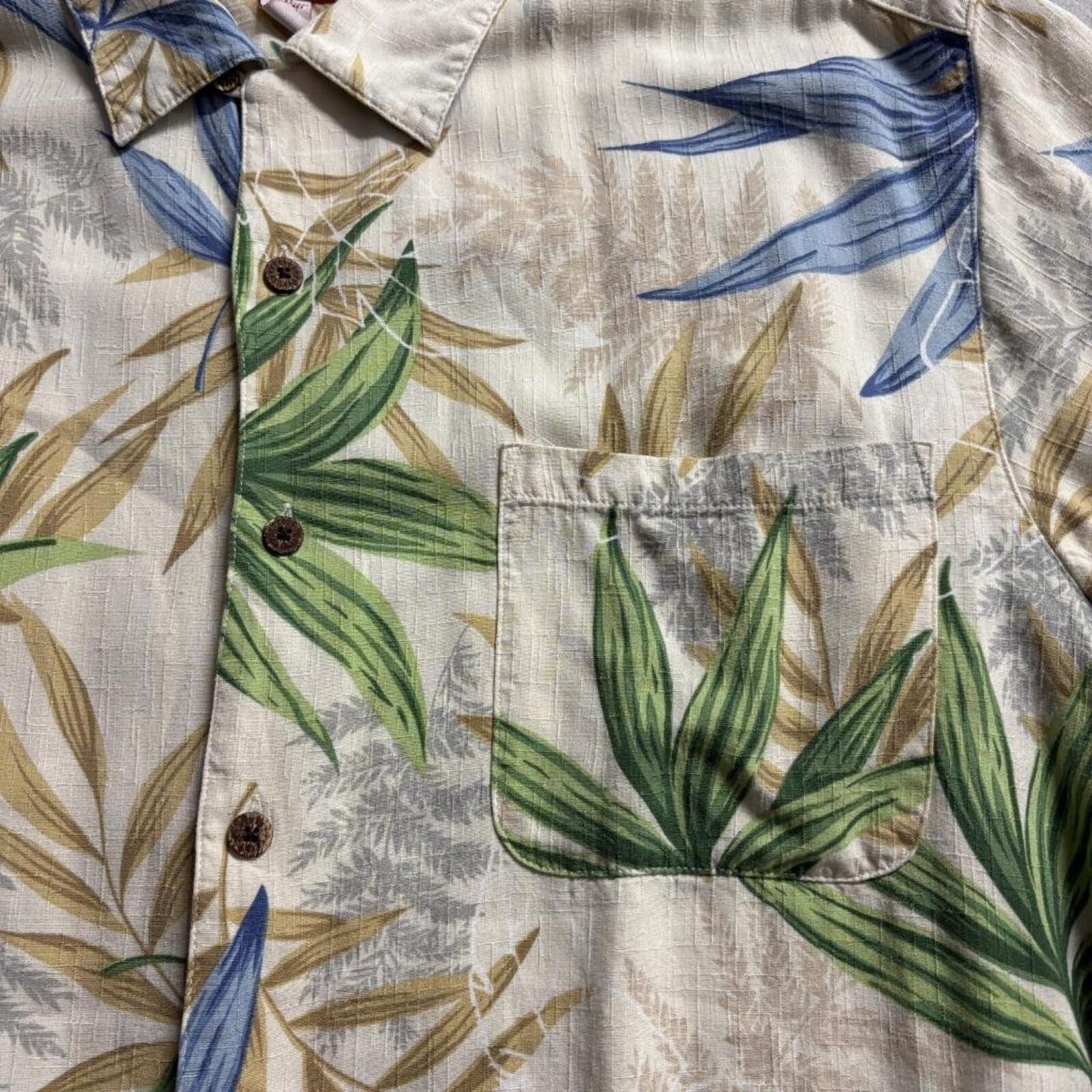 Caribbean Joe Hawaiian Shirt Mens XXL Beige Rayon Tropical Leaf Camp Button Up