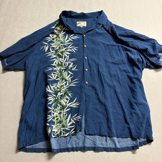 Paradise Found Hawaiian Aloha Shirt 4XL Fits Like 4XL Blue Bamboo Rayon Camp Mad
