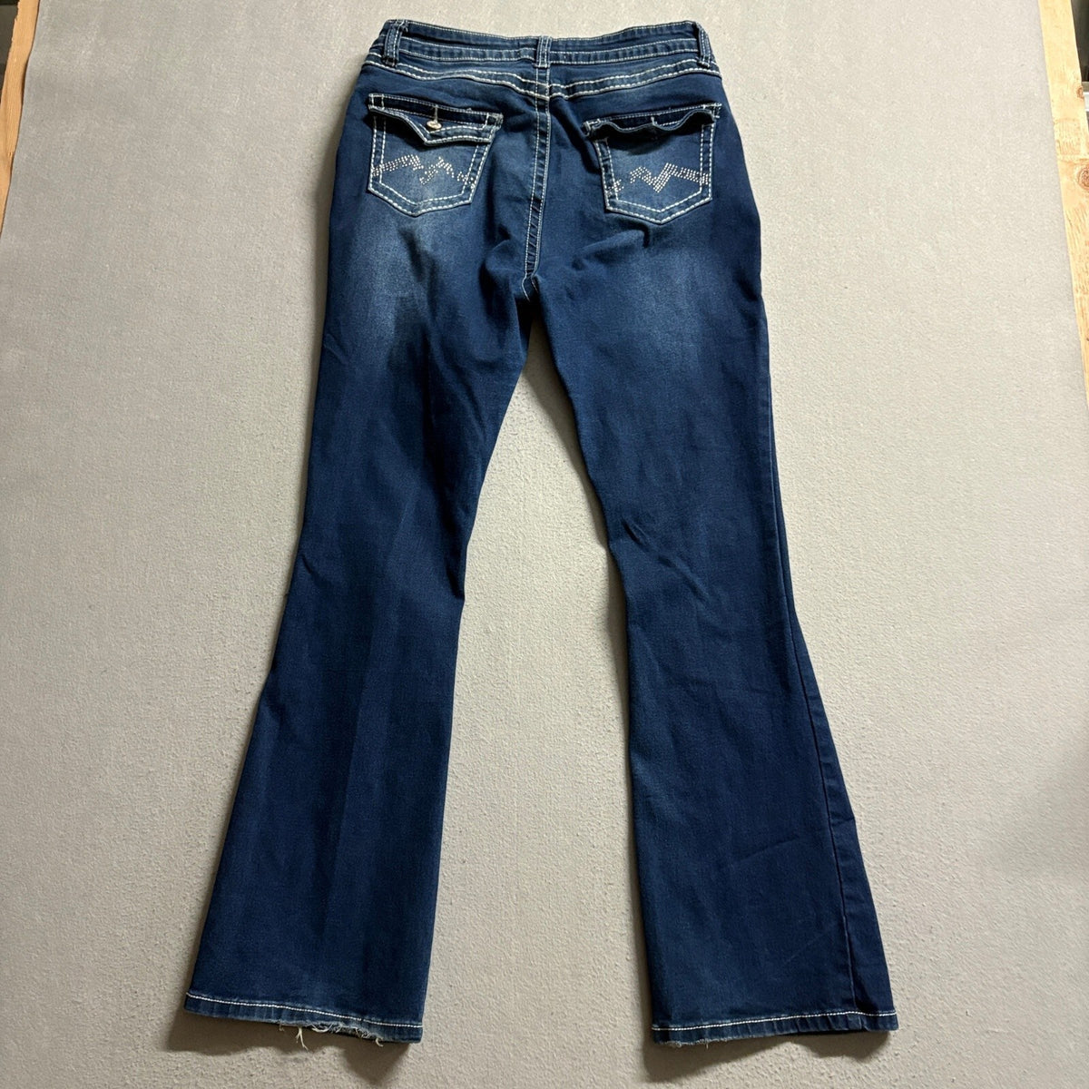 Bamboo Jeans Womens Size 15 Distressed Bootcut Flare Dark Wash Stretch Denim