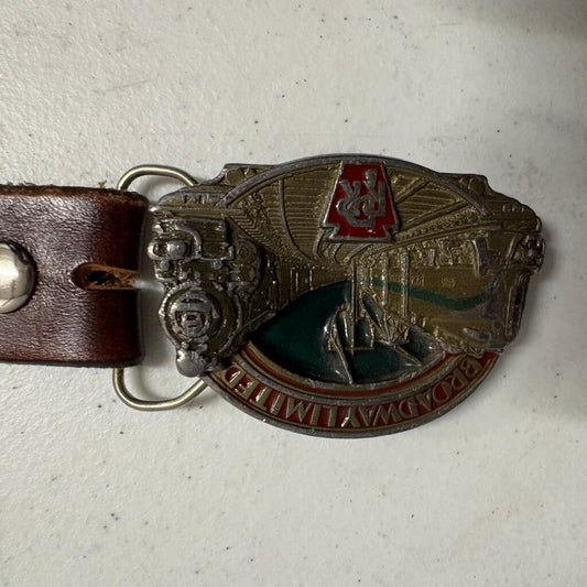 Vintage 1987 Pennsylvania Railroad Broadway Limited Belt Buckle with Leather