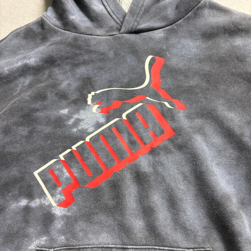 Puma Boys Hoodie Size L 14-16 Gray Tie Dye Big Logo Fleece Pullover Sweatshirt