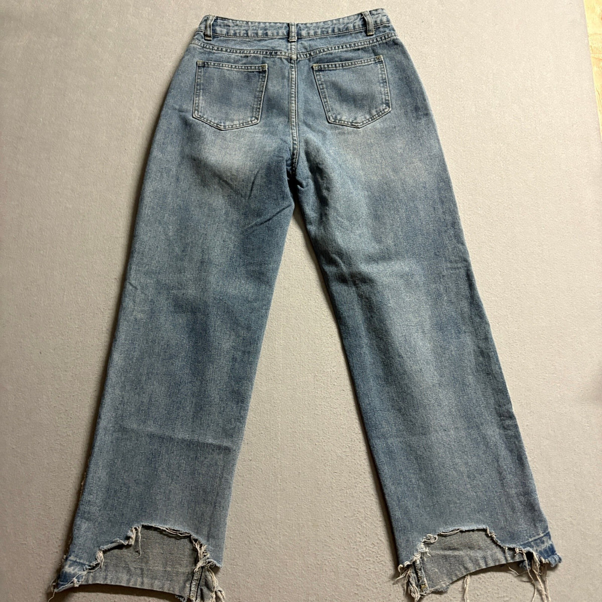 Womens High Rise Wide Leg Fray Side Seam Distressed Hem Blue Jeans Size
