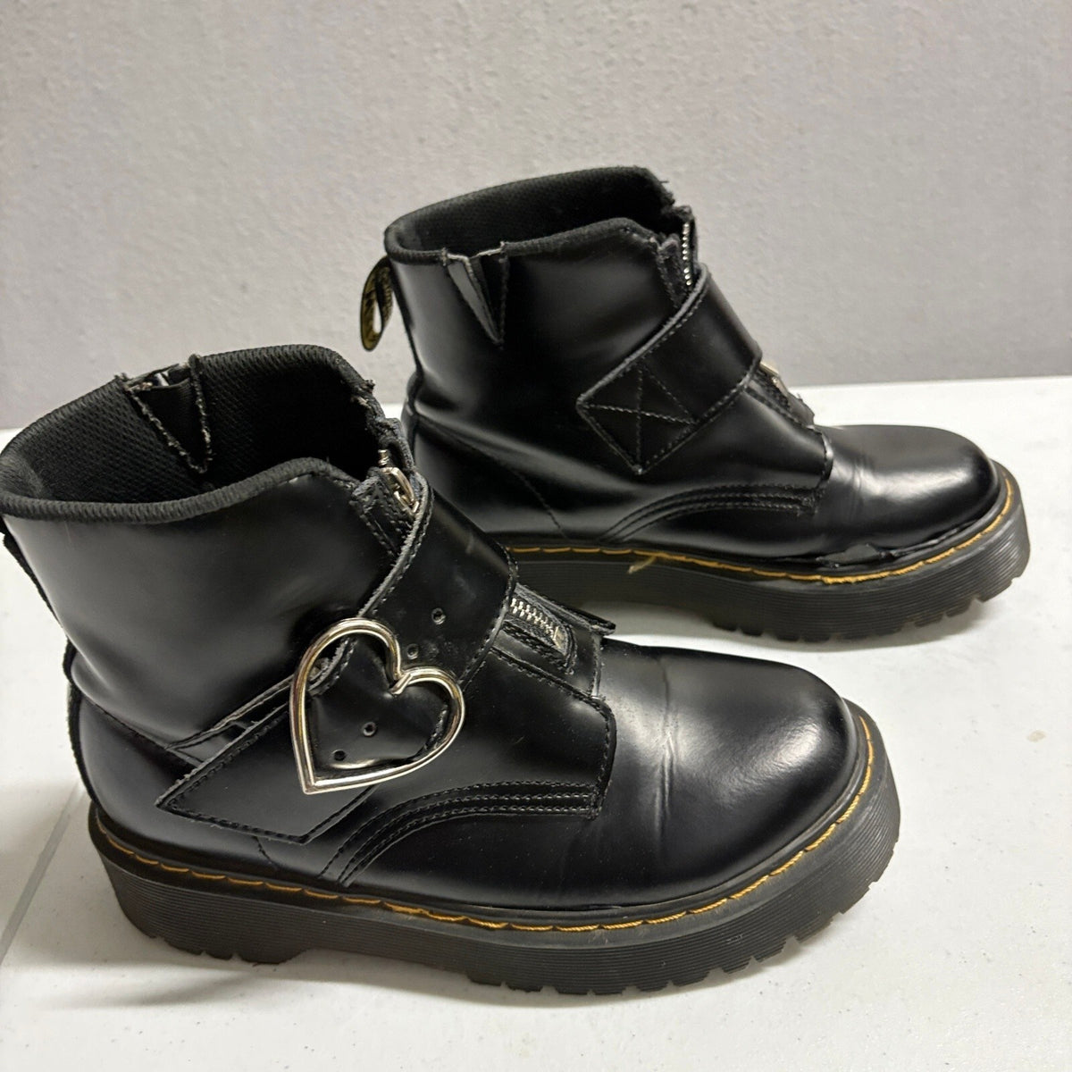 Dr Martens Lazy Oaf Devon Heart Buckle Platform Boots Black Leather Womens