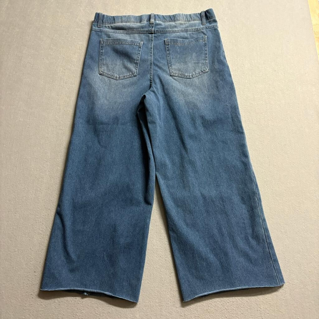 Serra Women Blue Denim Wide Leg Crop Pants Size L Pull On Stretch Raw Hem