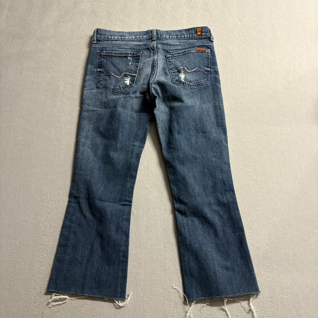 7 For All Mankind Bootcut Jeans Womens 28 Distressed Raw Hem Blue Denim Stretch