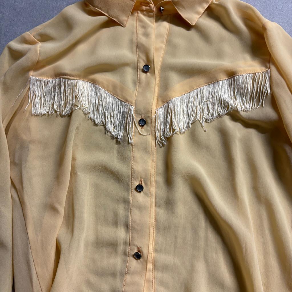 Marie France Paris Vintage Yellow Western Fringe Blouse Sheer Long Sleeve Large