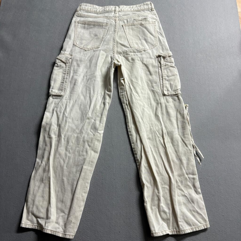 H&M Divided Women's Beige Denim Cargo Pants Size 4 Wide Leg Utility Y2K Gorpcore