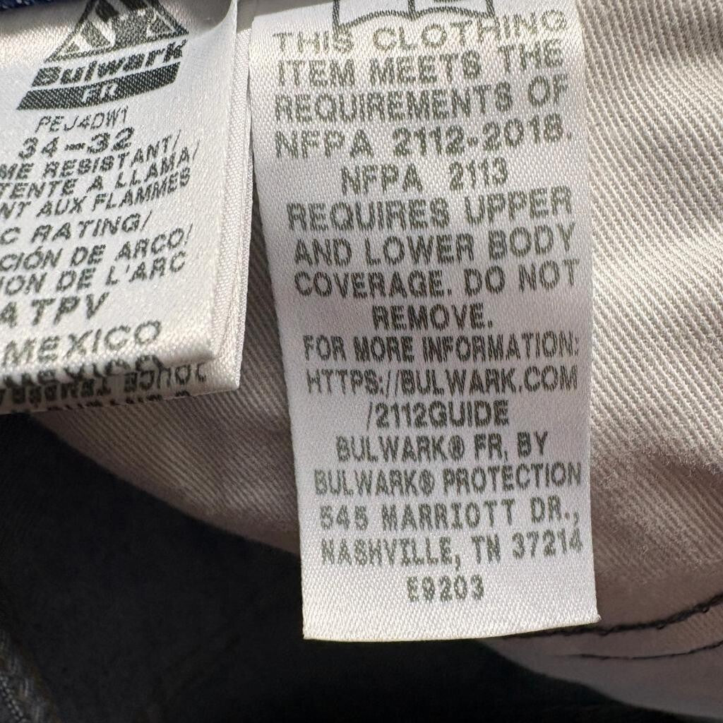 Bulwark FR Flame Resistant Jeans Mens 34x32 Blue Denim Work Pants CAT 2 NFPA