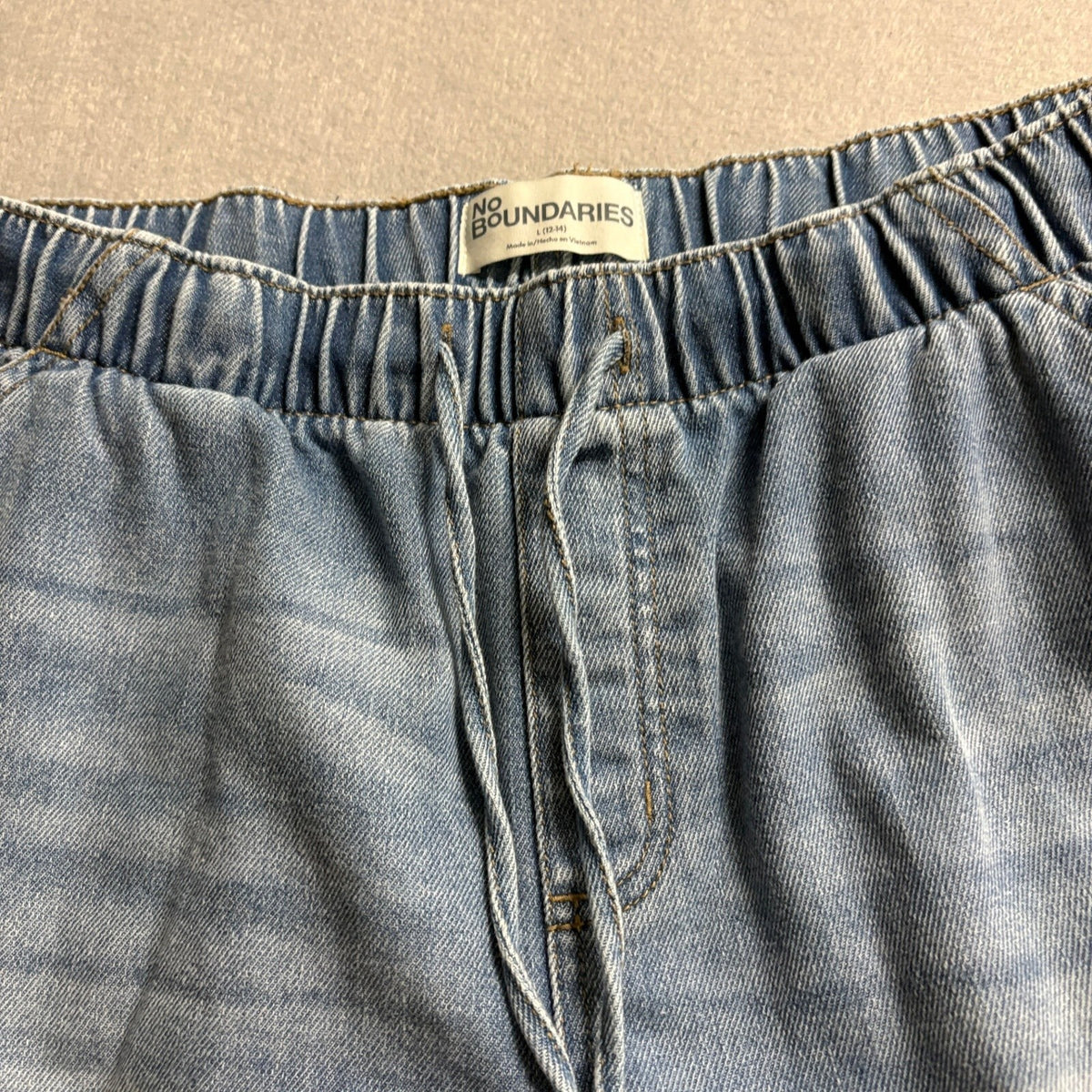 No Boundaries Womens Cargo Denim Joggers Size L 12-14 Elastic Waist Medium Wash