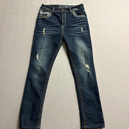 Platini Boot Cut Jeans Mens Size 11 Blue Distressed Thick Stitch Embroidered