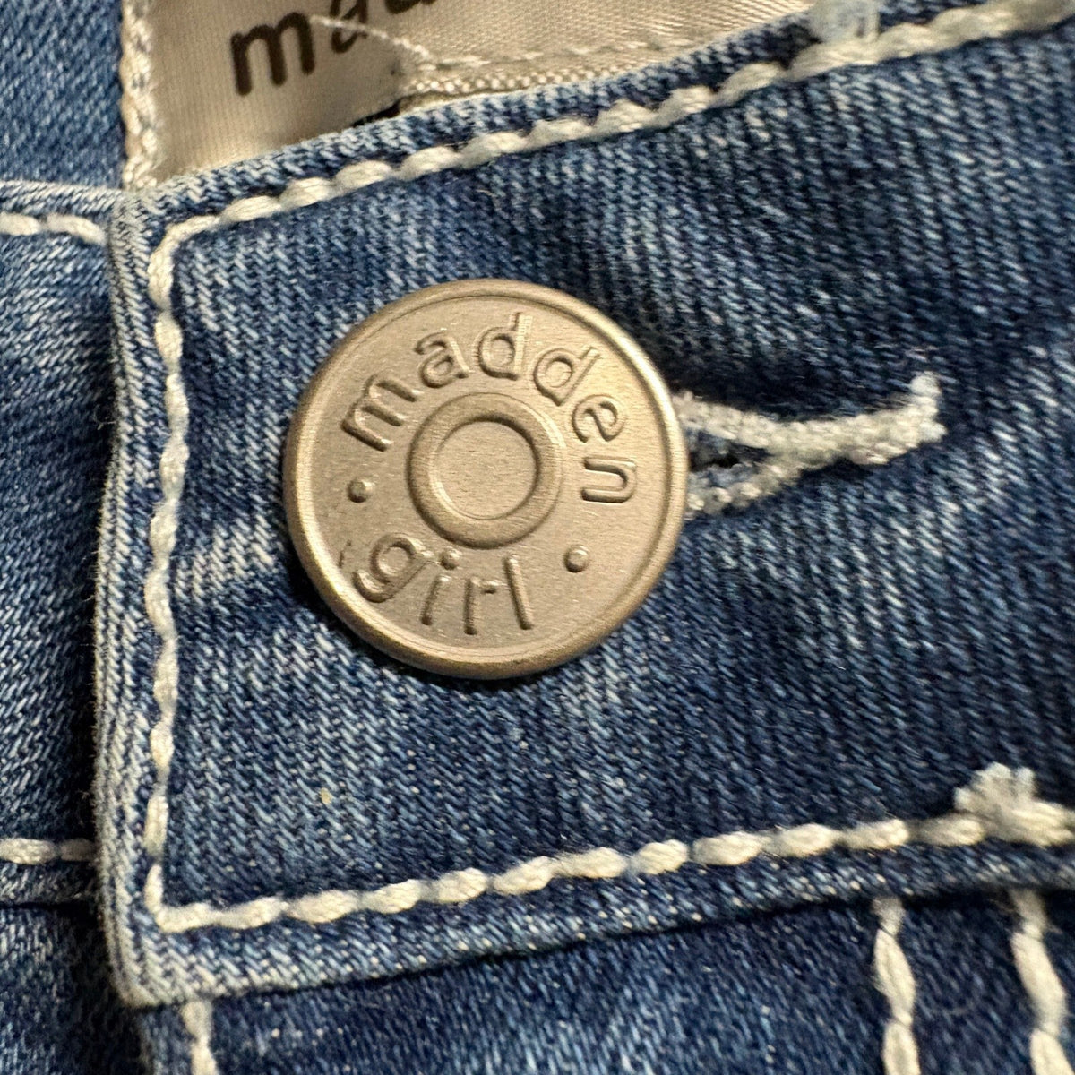 Madden Girl Womens Jeans Size 5 Blue Medium Wash Flared Thick White Stitch Denim
