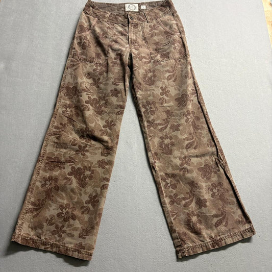 Life is Good Floral Pants Womens 6 Brown Cotton Wide Leg Mid Rise Corduroy
