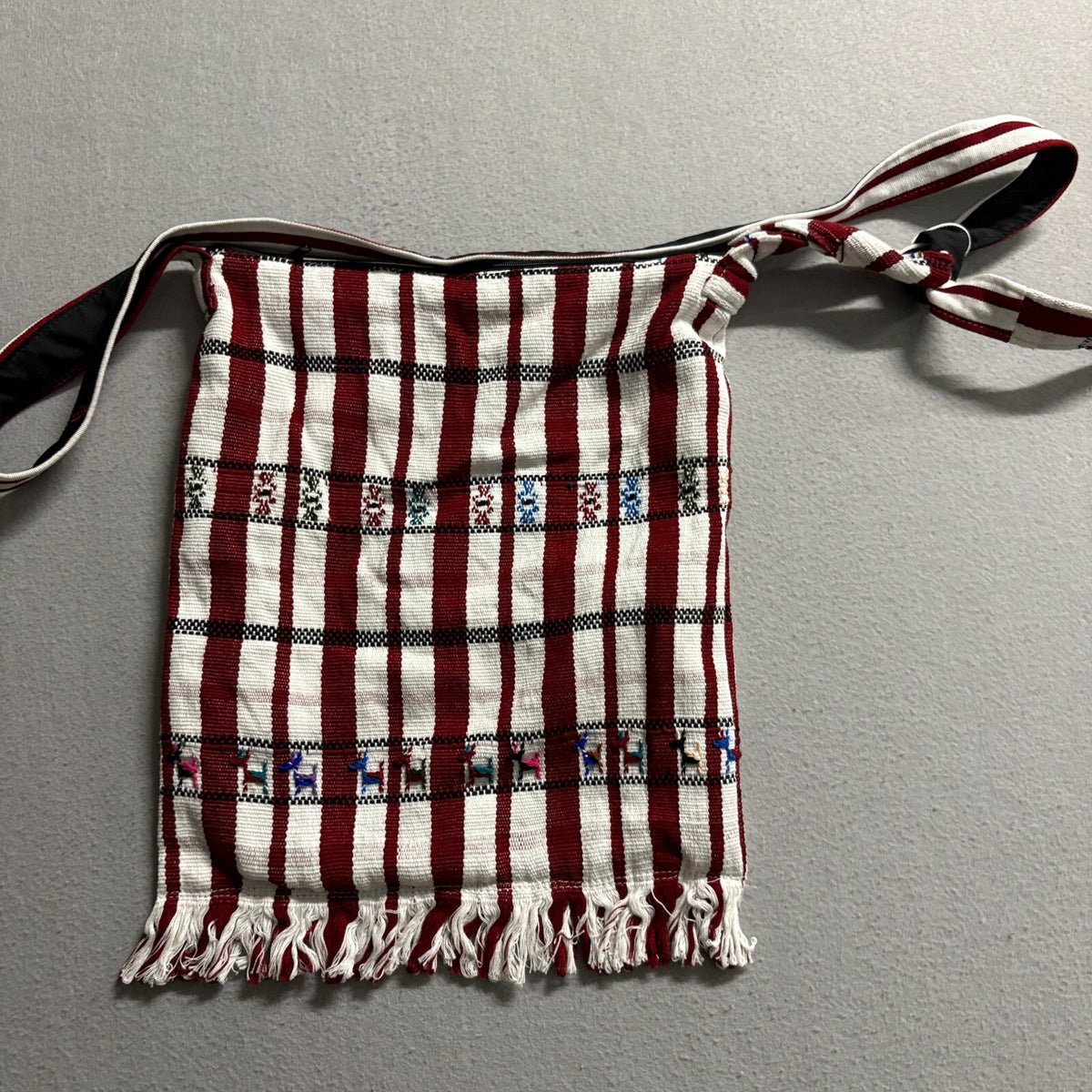 Vintage Handwoven Peruvian Llama Crossbody Bag Red White Striped Fringe Boho