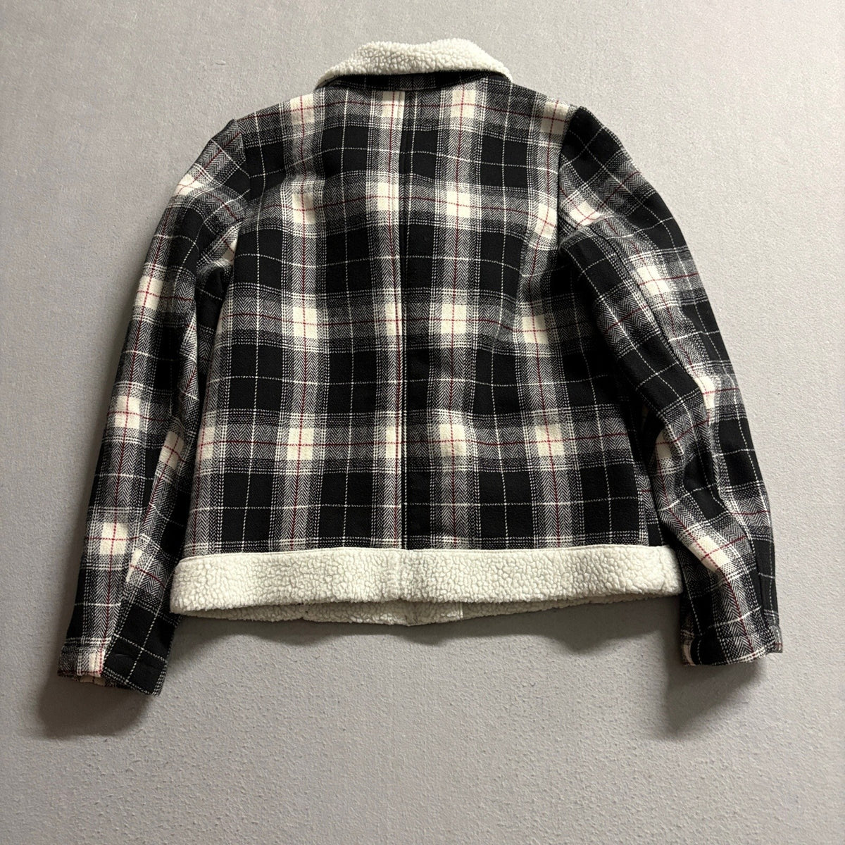 Sonoma Plaid Sherpa Lined Moto Jacket Womens Small Black White Asymmetrical Zip