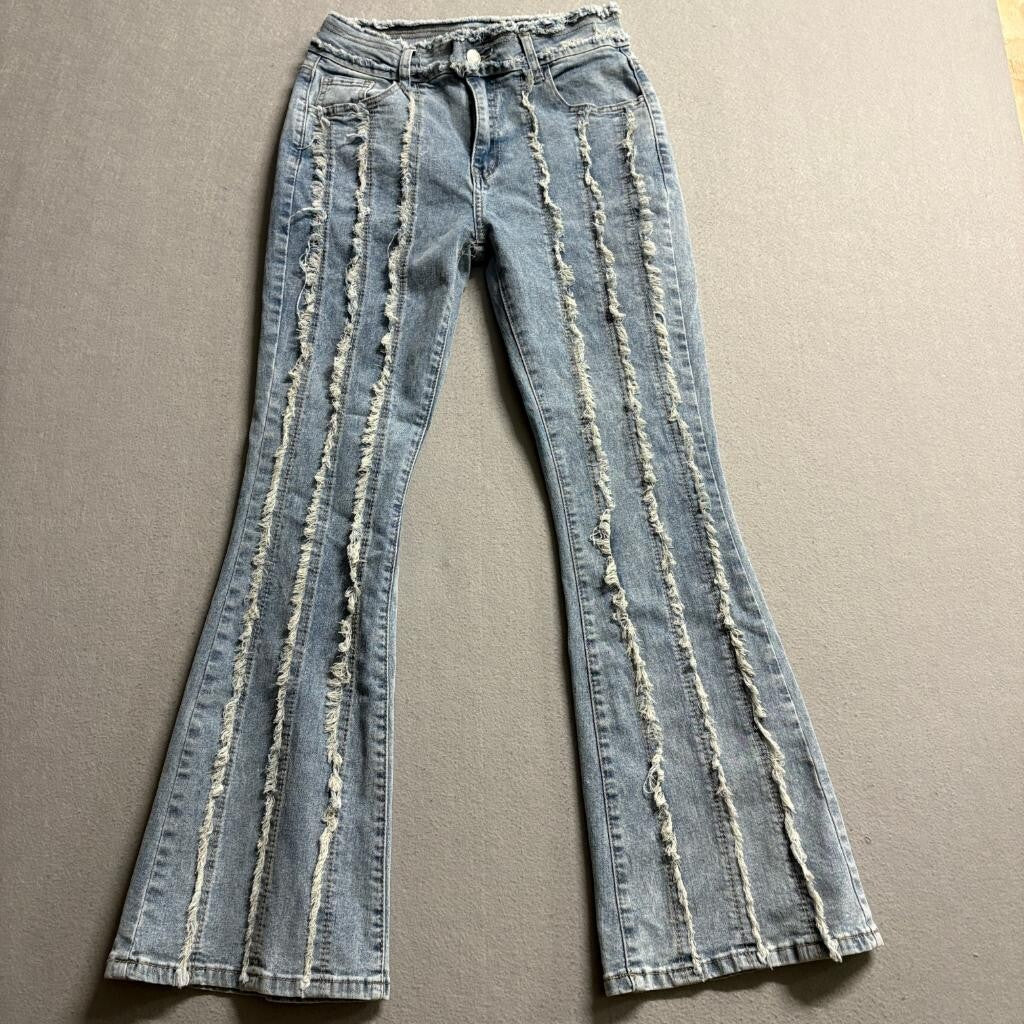 Shein Petite Women's Size M Distressed Flare Jeans Light Wash Raw Hem Fringe
