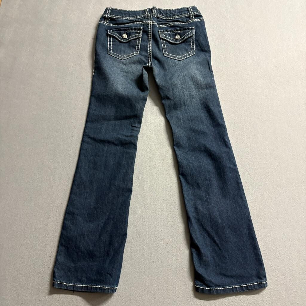 Cherokee Girls Bootcut Jeans Size 14 Dark Wash Thick Stitch Rhinestone Button