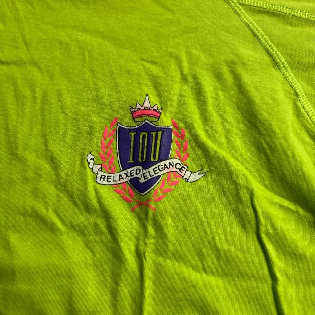 Vintage IOU T-Shirt Mens Large Neon Lime Green 1991 Fashion Network Raglan Tee