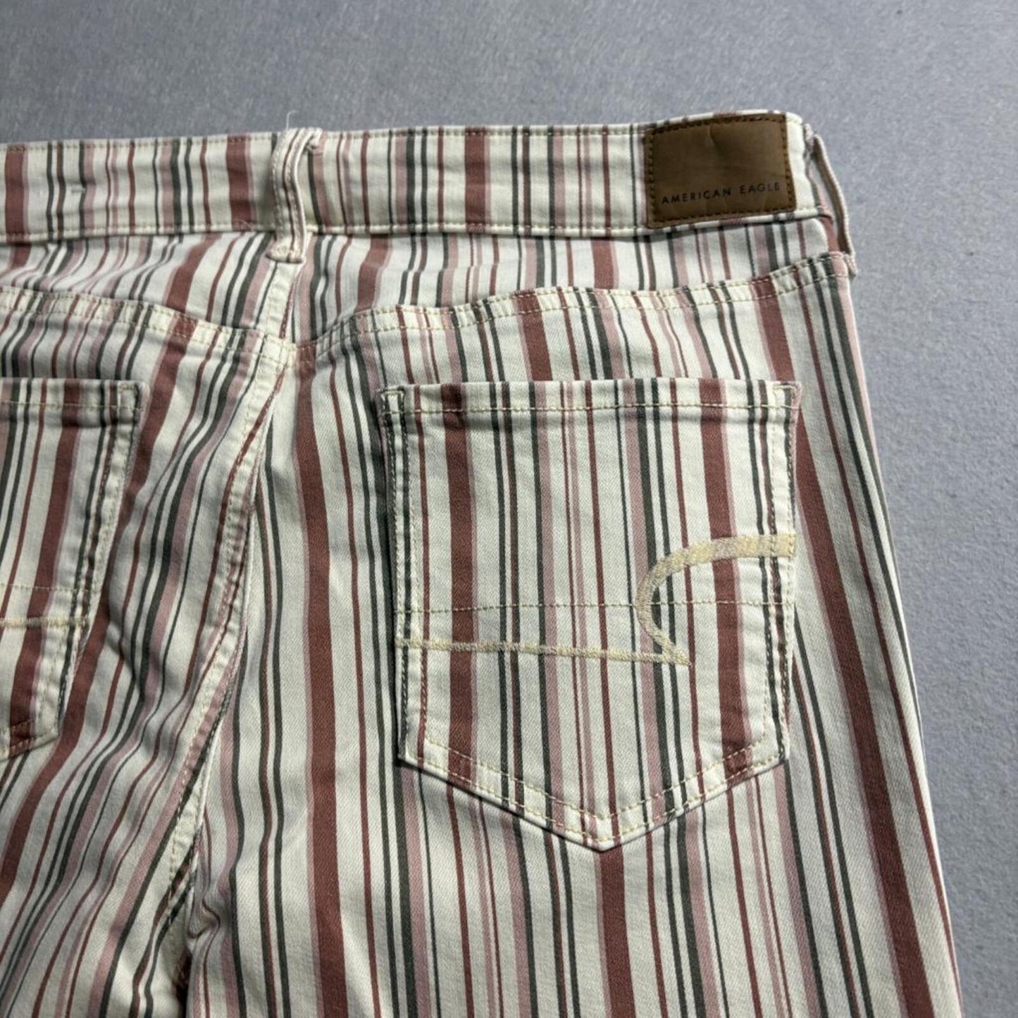 American Eagle Striped Jeans Womens 10 Regular Skinny Stretch Cream Brown Pink