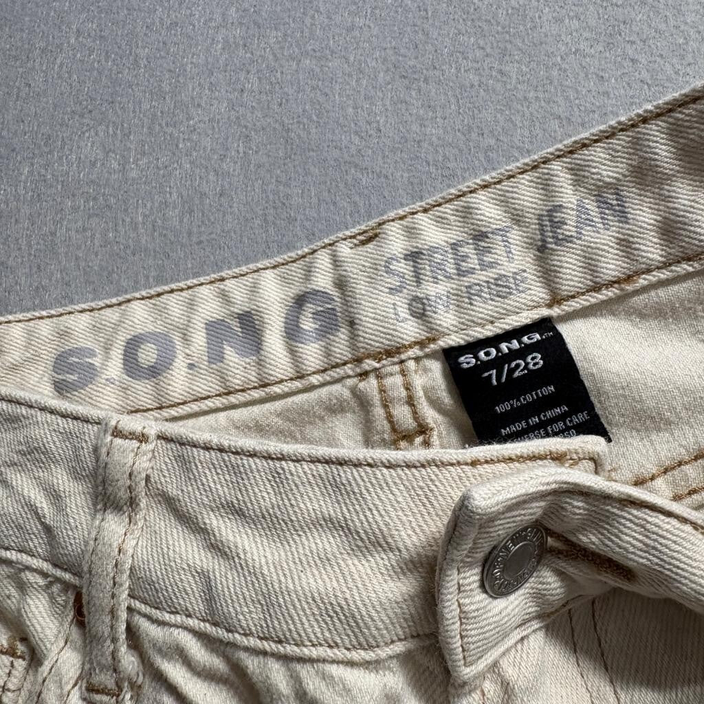 SONG Street Jean Womens 7/28 Beige Distressed Ripped Low Rise Wide Leg Jeans