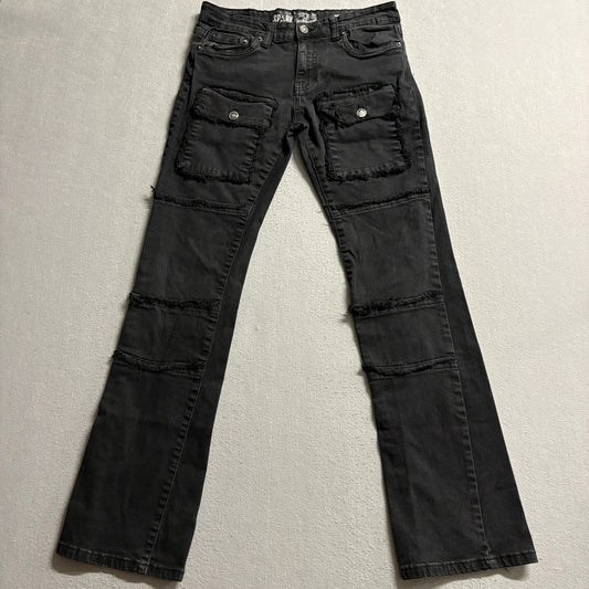 Spark Men Premium Denim Flare Stretch Cargo Jeans Black Raw Hem Distressed 30
