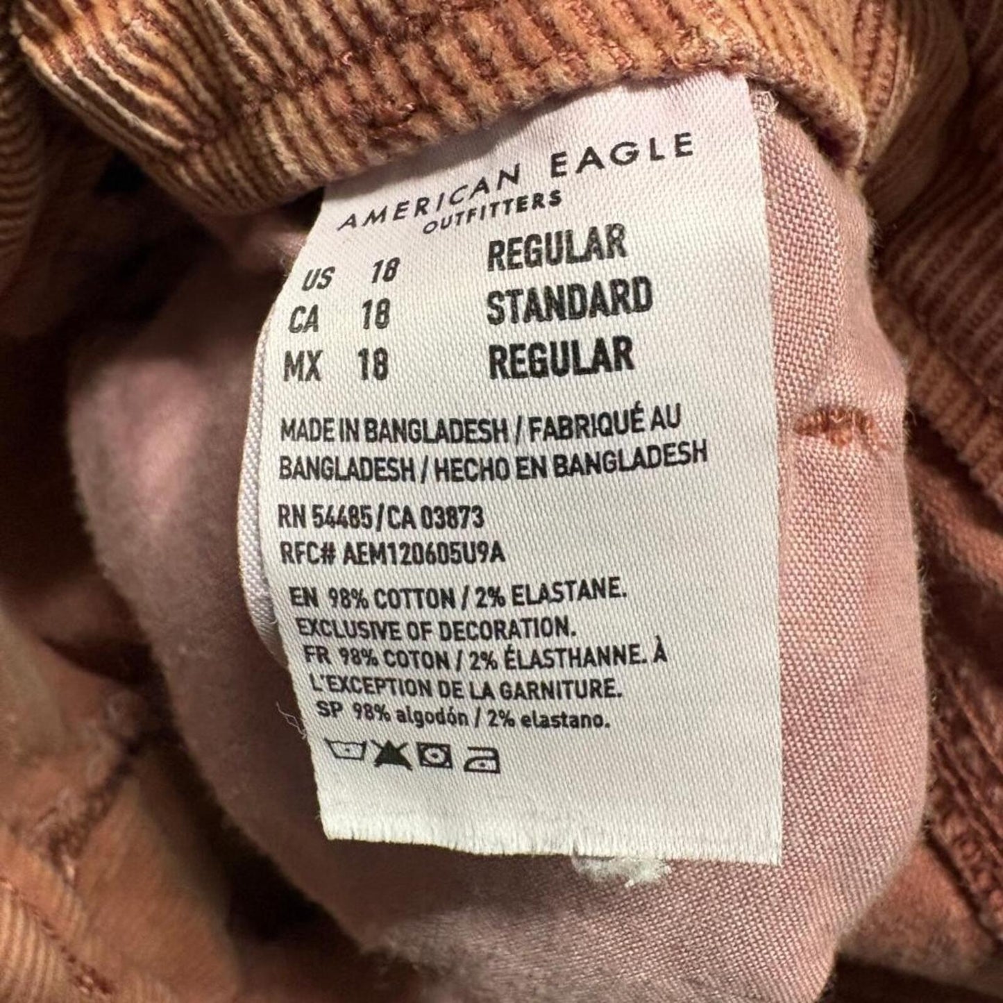 American Eagle Mom Straight Corduroy Pants Womens 18 Pink Brown Stretch High