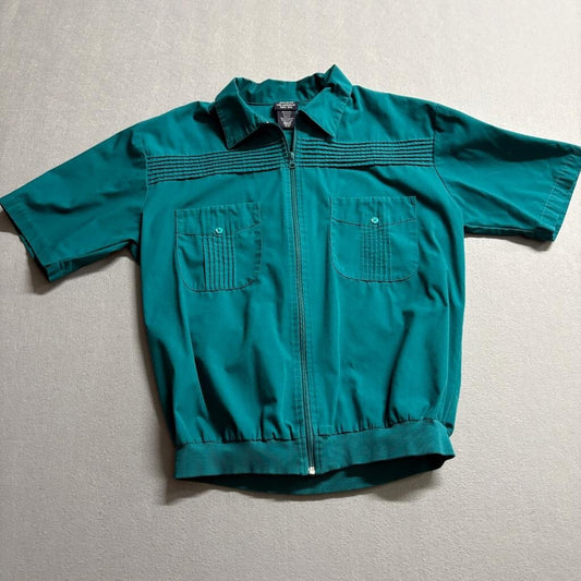 John Blair Mens Medium Green Short Sleeve Zip Up Guayabera Style Bomber Shirt
