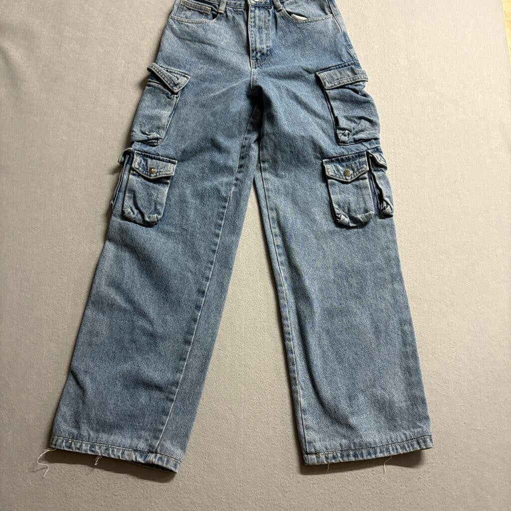 Aqua Cargo Jeans Womens XS Blue Denim Wide Leg High Rise 100% Cotton Utility