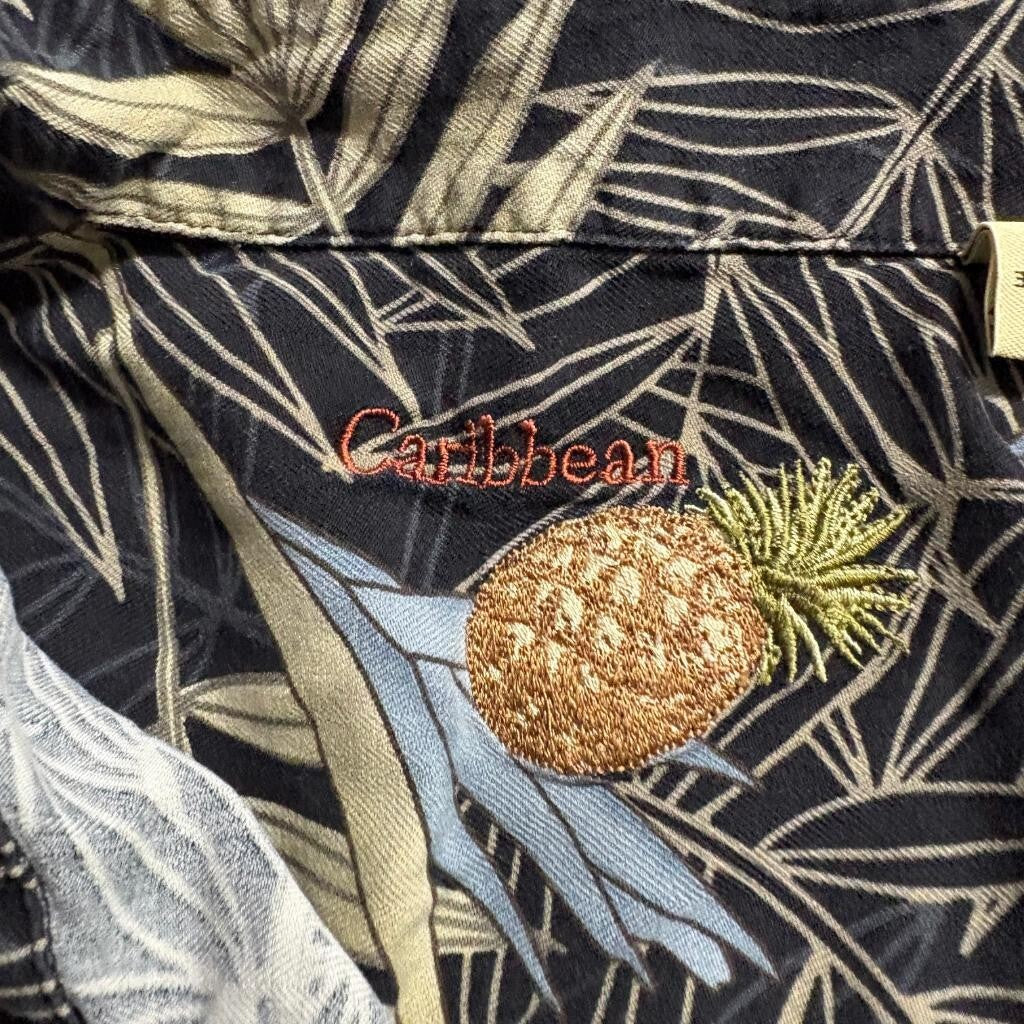 Caribbean Mens 3X Hawaiian Shirt Silk Cotton Blend Black Tropical Floral Palm