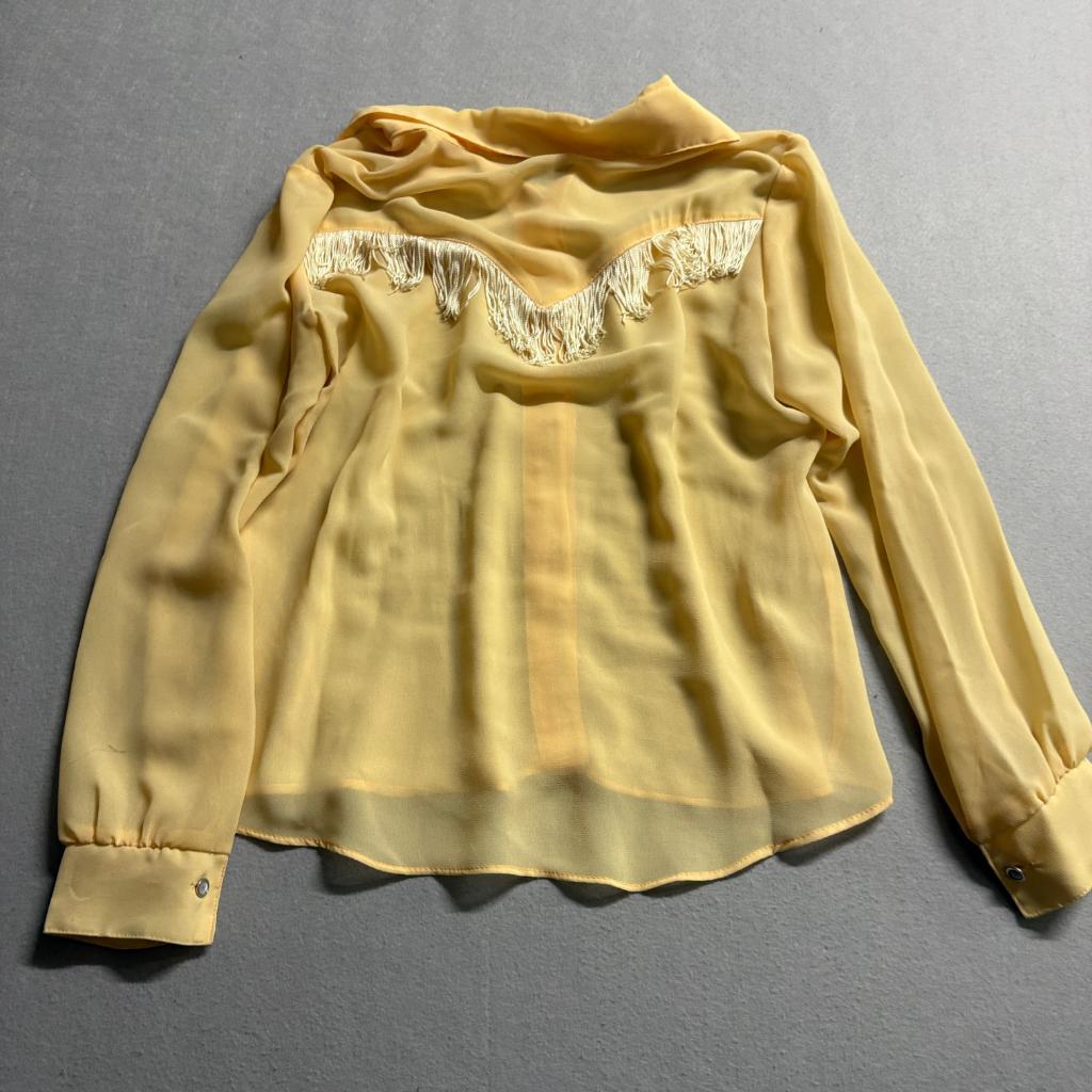 Marie France Paris Vintage Yellow Western Fringe Blouse Sheer Long Sleeve Large