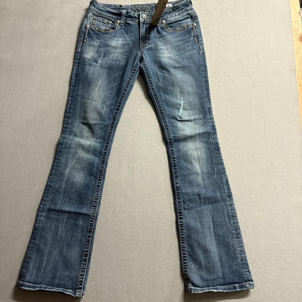 Miss Me Bootcut Jeans Womens 29 Blue Distressed Embellished JP6187B Inseam 32