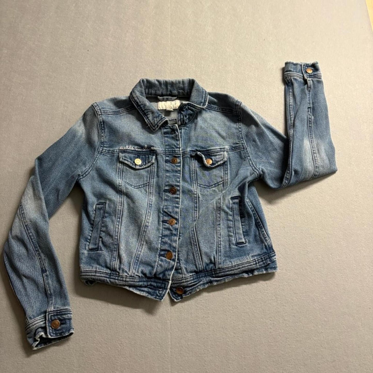 A New Day Girls Denim Jacket Size S Blue Jean Jacket Hello Sunshine Embroidered