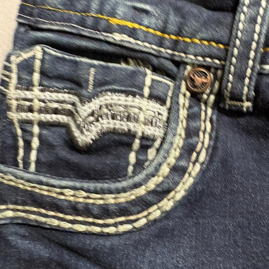 Platini Boot Cut Jeans Mens Size 11 Blue Distressed Thick Stitch Embroidered
