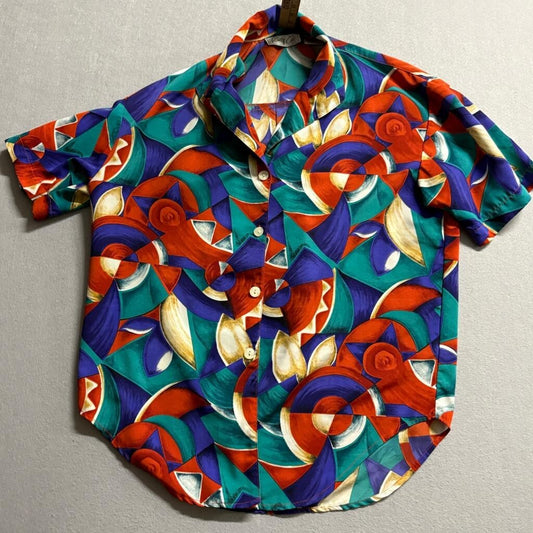 Vintage Cathy Che Shirt Size 12 Womens Colorful Abstract Geometric Button Up