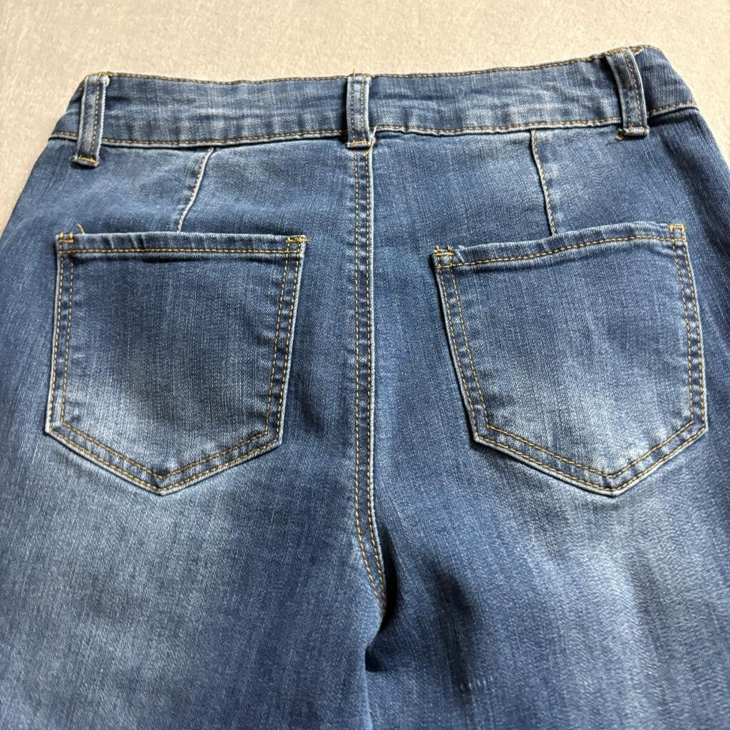 Sandpiper Petite Flare Jeans Womens 6P Blue Denim Stretch Patch Pocket Mid Rise