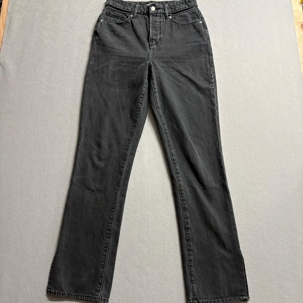Good American Good Boy Straight Leg Jeans Womens 2/26 Black High Rise Side Slit
