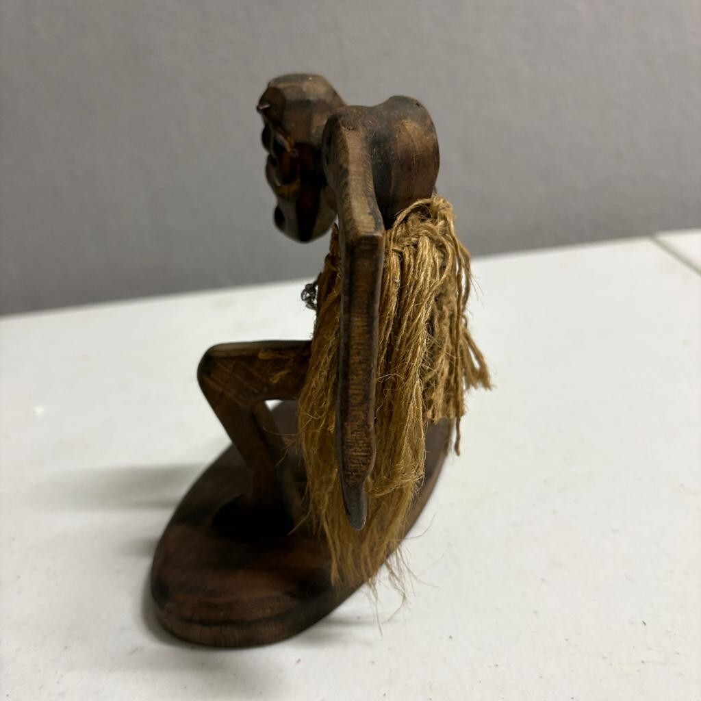 Vintage Hand Carved Wood Surfing Tiki Figure Hawaiian Folk Art Grass Skirt 6in