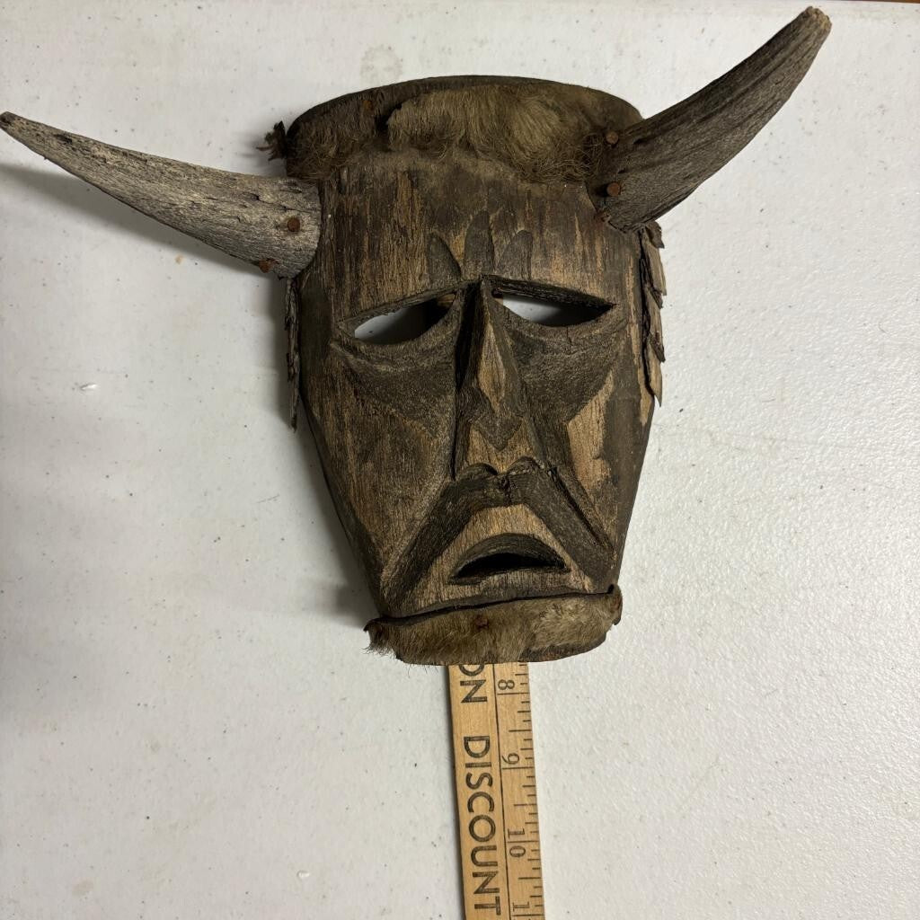 Vintage Hand Carved Wooden Horned Mask Folk Art Tribal Style Fur Accents 8 Inch