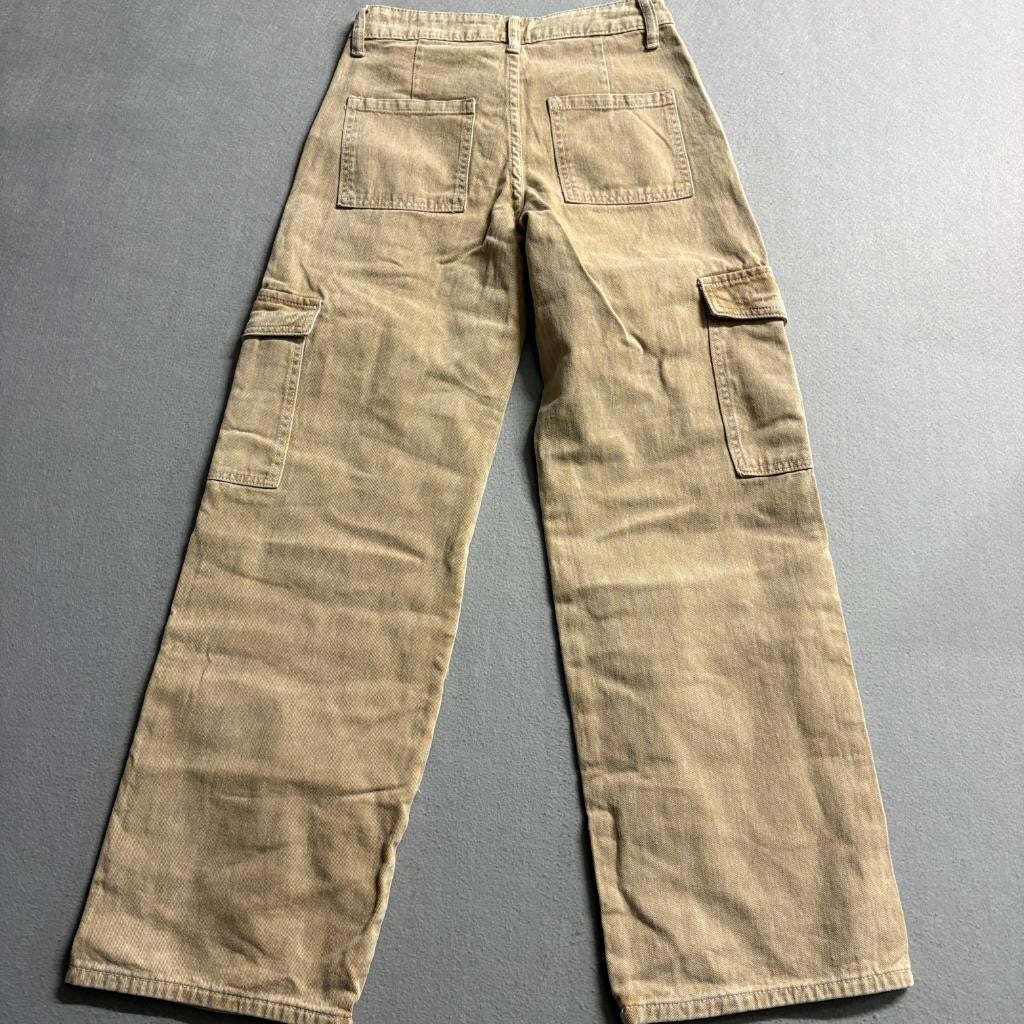 Shein Petite XXS Tan Brown Cargo Pants Womens Wide Leg High Rise Cotton Denim