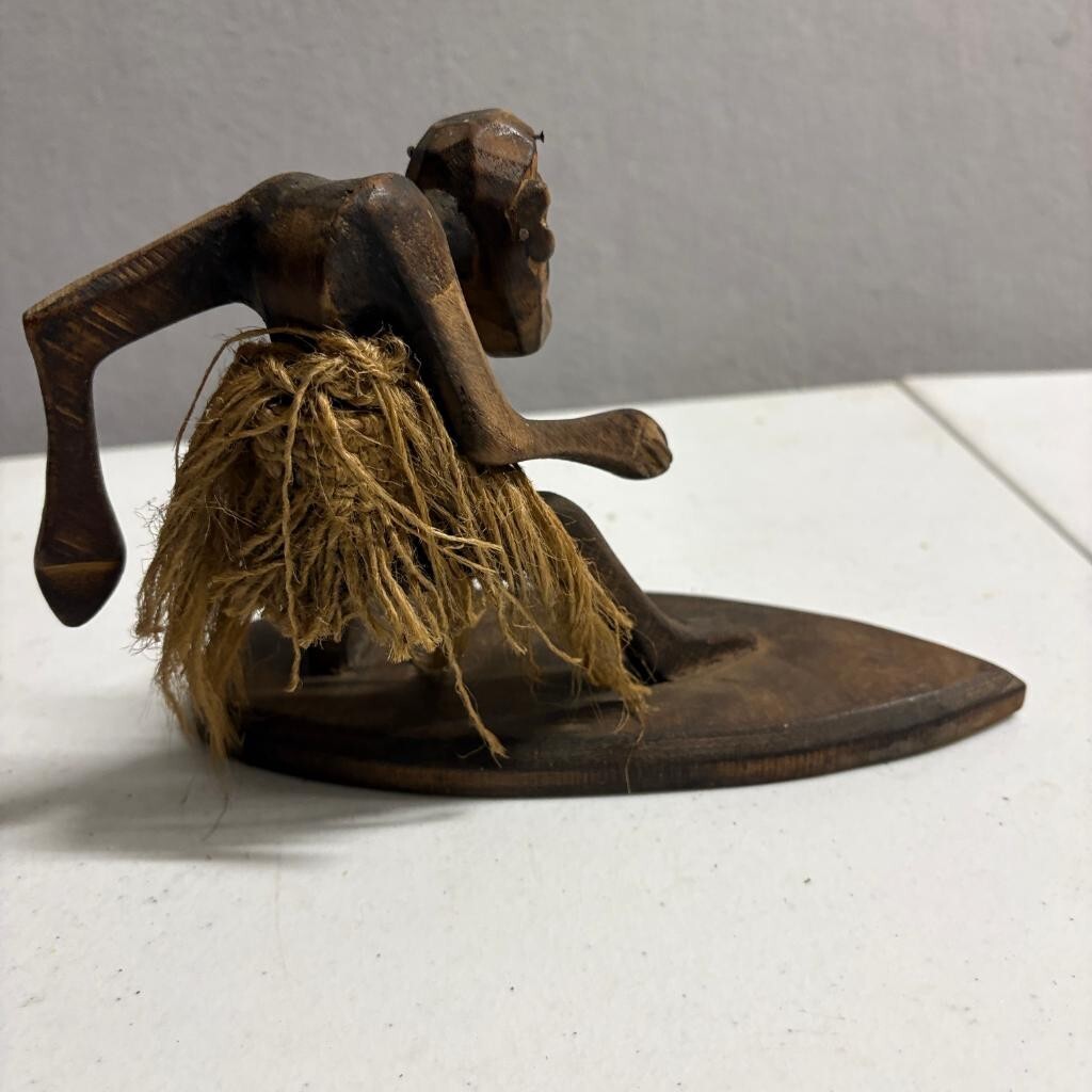 Vintage Hand Carved Wood Surfing Tiki Figure Hawaiian Folk Art Grass Skirt 6in