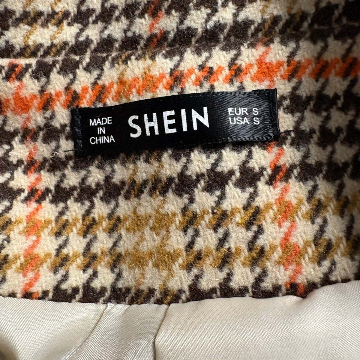 Shein Plaid Blazer Jacket Womens Small Brown Orange Houndstooth Tweed Style Coat