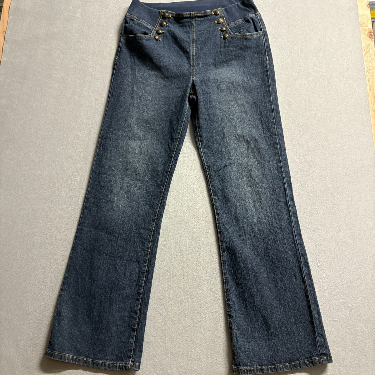 DG2 Diane Gilman Sailor Jeans Womens Large Blue Denim Stretch Pull On Wide Leg