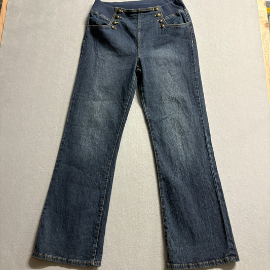 DG2 Diane Gilman Sailor Jeans Womens Large Blue Denim Stretch Pull On Wide Leg