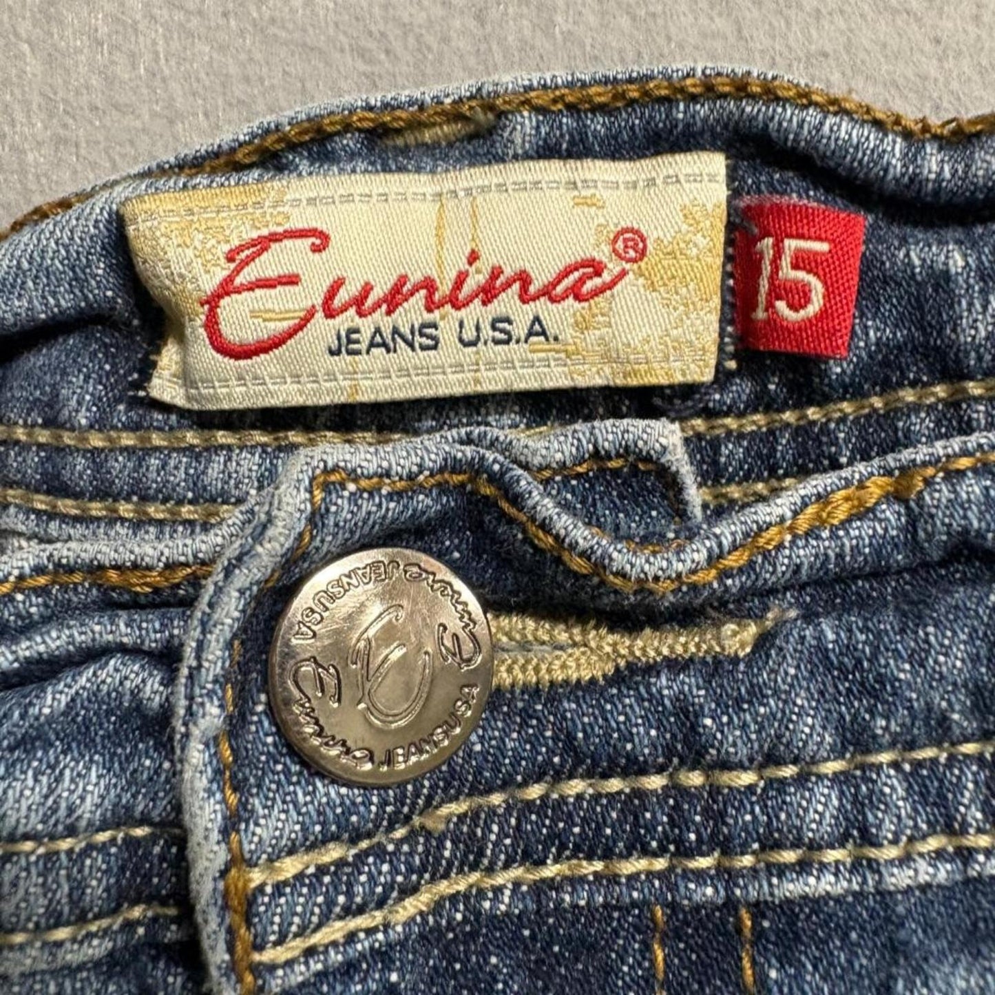Eunina Jeans USA Womens Size 15 Distressed Raw Hem Straight Leg Blue Denim 32x26