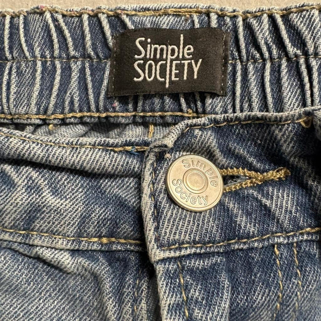 Simple Society Cargo Jeans Womens 3/26 Blue Denim Elastic Waist Utility Pants