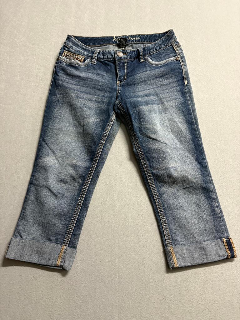 Ariya Jeans Womens 7/8 Blue Denim Capri Crop Embellished Pockets Stretch