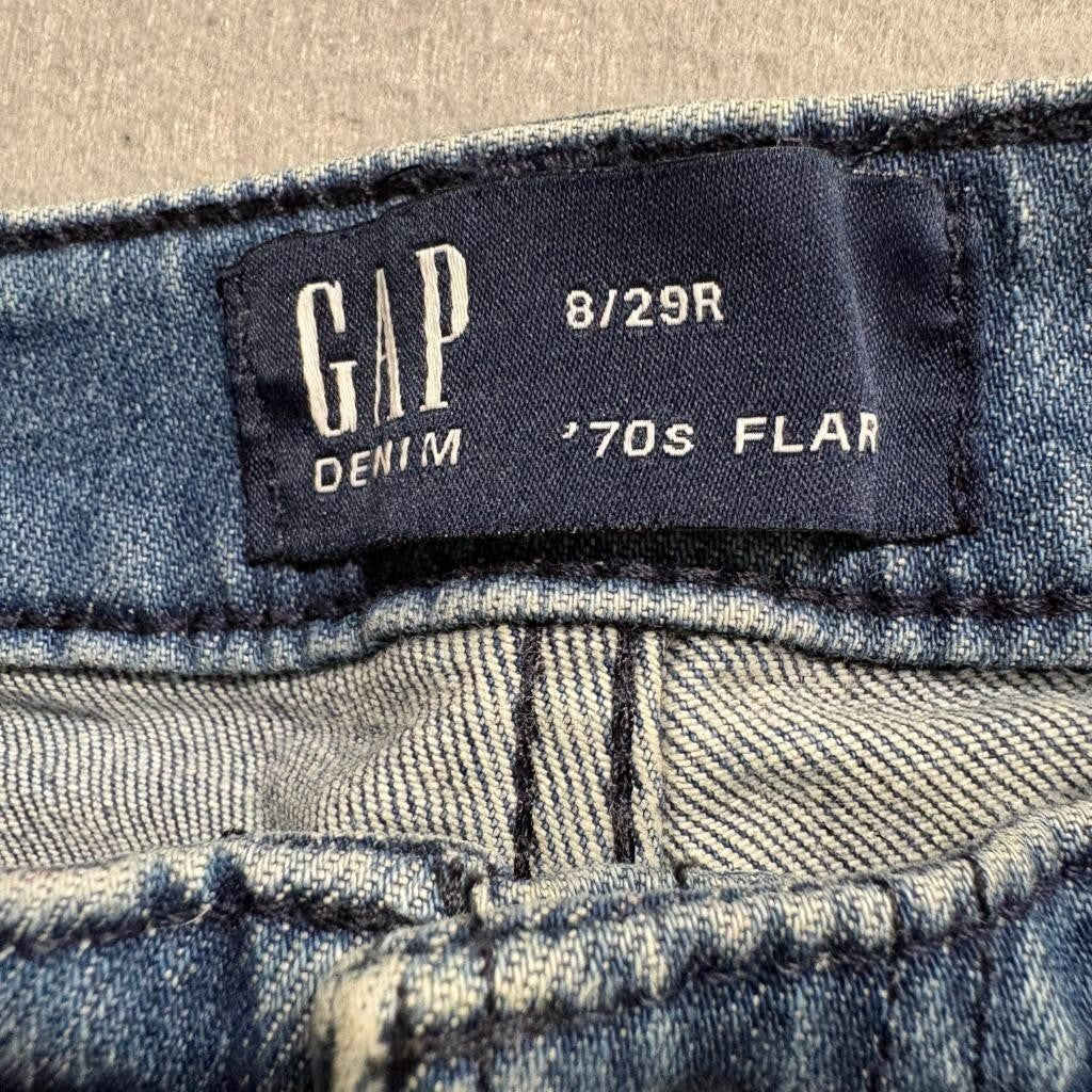 Gap 70s Flare Jeans Womens 8 29R Blue Sailor Button High Rise Stretch Denim