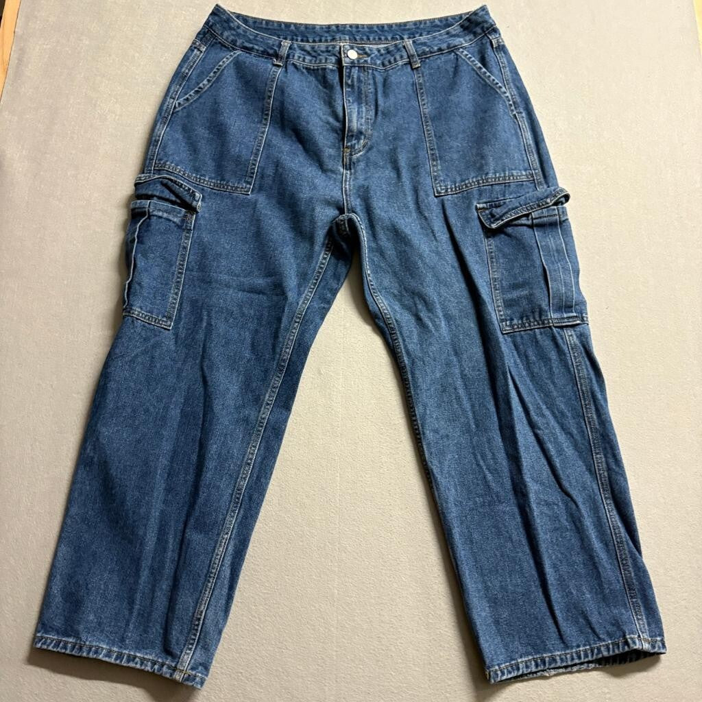 Shein Women Plus Size 3XL Cargo Jeans Blue Denim Wide Leg Utility Pockets
