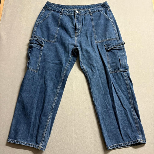 Shein Women Plus Size 3XL Cargo Jeans Blue Denim Wide Leg Utility Pockets