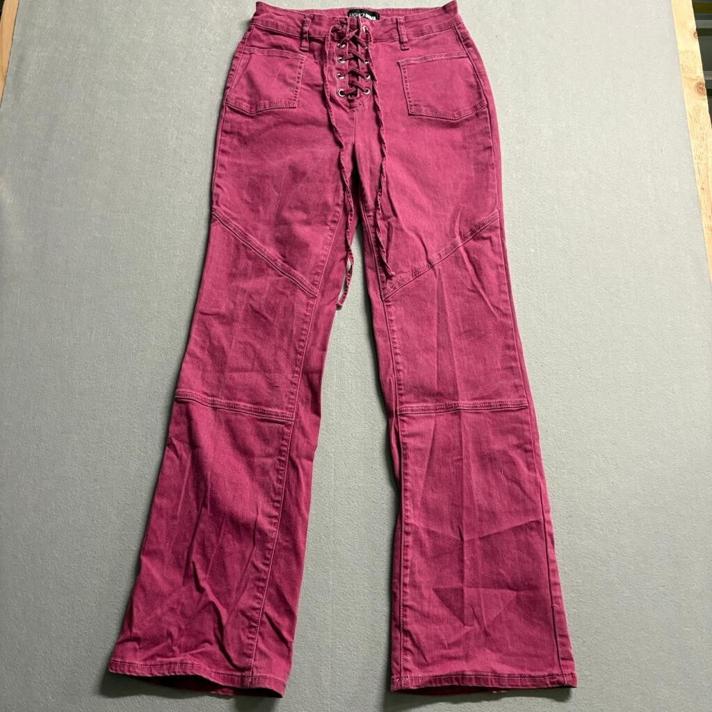 Fashion Nova Lace Up Flare Jeans Womens Size 9 Burgundy Pink Stretch Denim